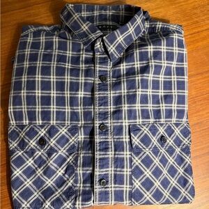 Theory cotton double pocket navy blue plaid button up size medium